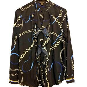 Ann Taylor Ruffled Pleated Chain Link Print Blouse Victorian Chic Career Retro S